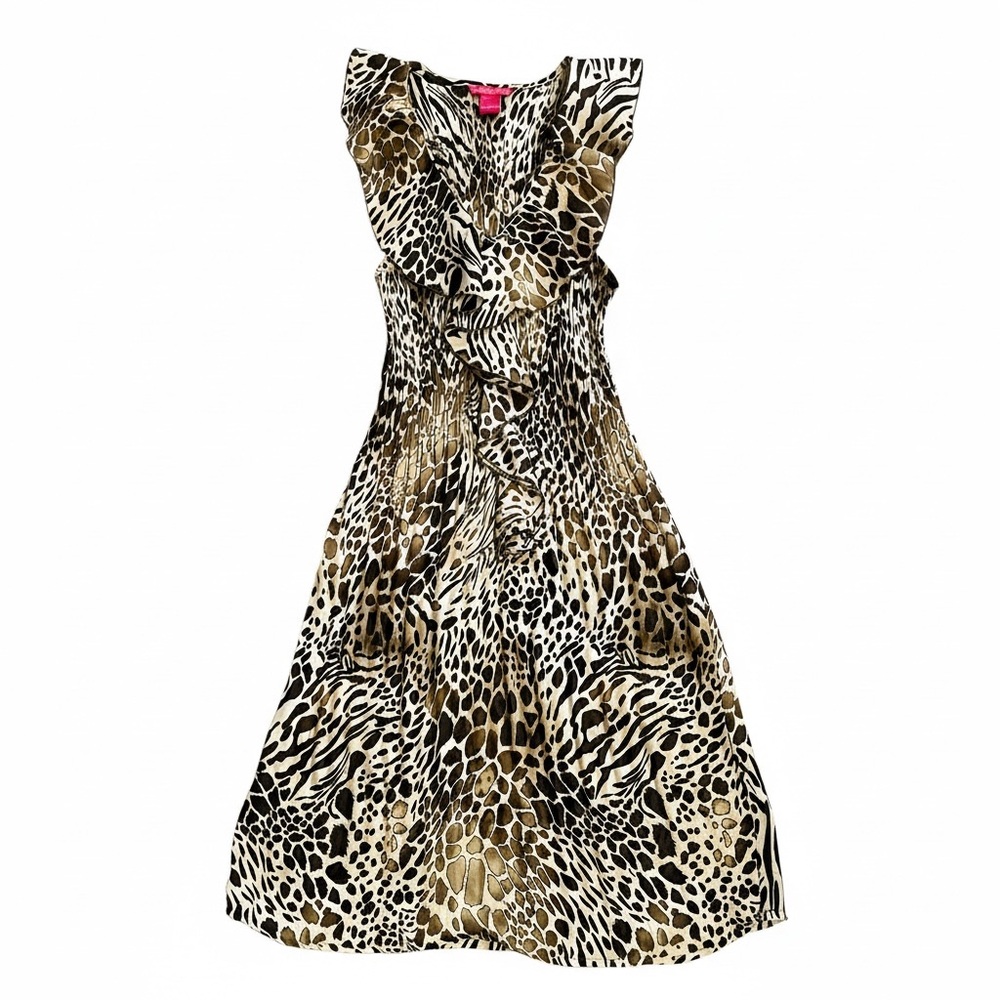 Sunny Leigh Animal Print Dress Sz S Sheer Chiffon Pleated Baddie Office Siren - Picture 2 of 13
